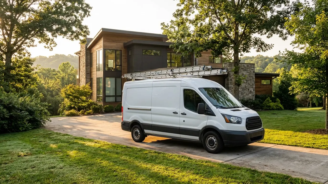 About Music City Insulation A white work van with a ladder rack parked in front of a modern Tennessee home in warm morning light