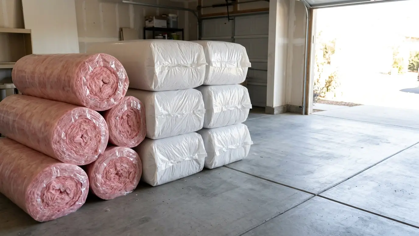 A neat stack of pink fiberglass insulation rolls and white bags of blown-in insulation on a clean garage floor next to an open garage door