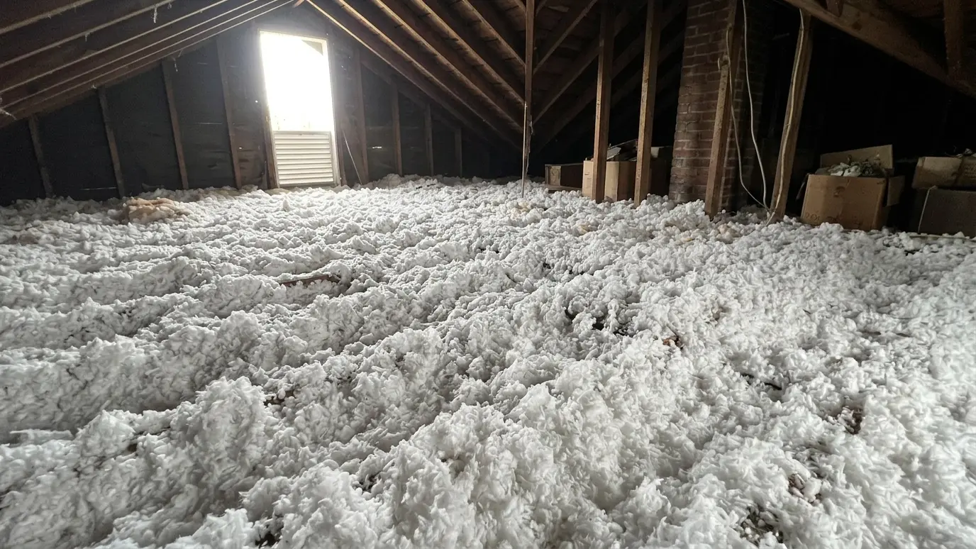 After: Thin attic gets a deep blown-in layer | Music City Insulation After: an attic with a deep, even layer of white blown-in insulation covering the joists