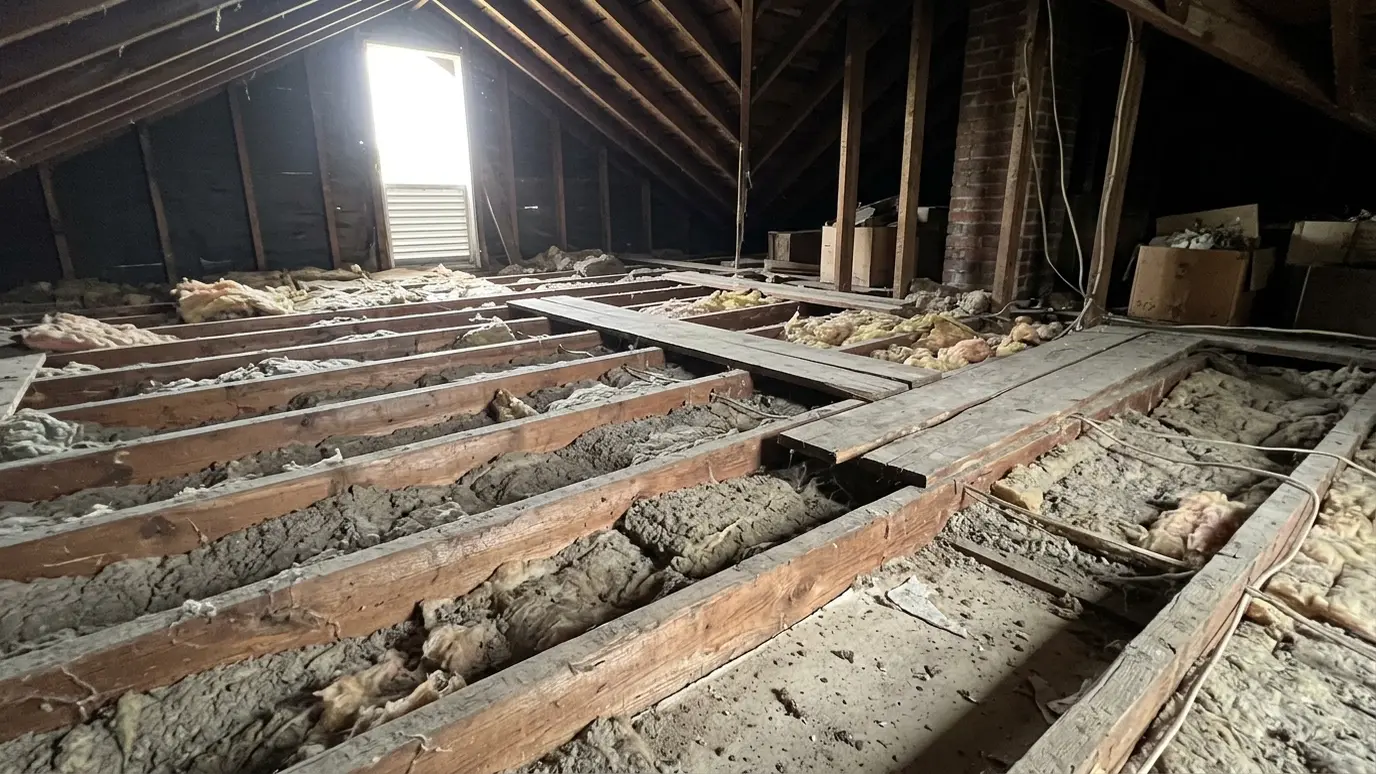 Before: an attic with thin, uneven insulation with the joists showing
