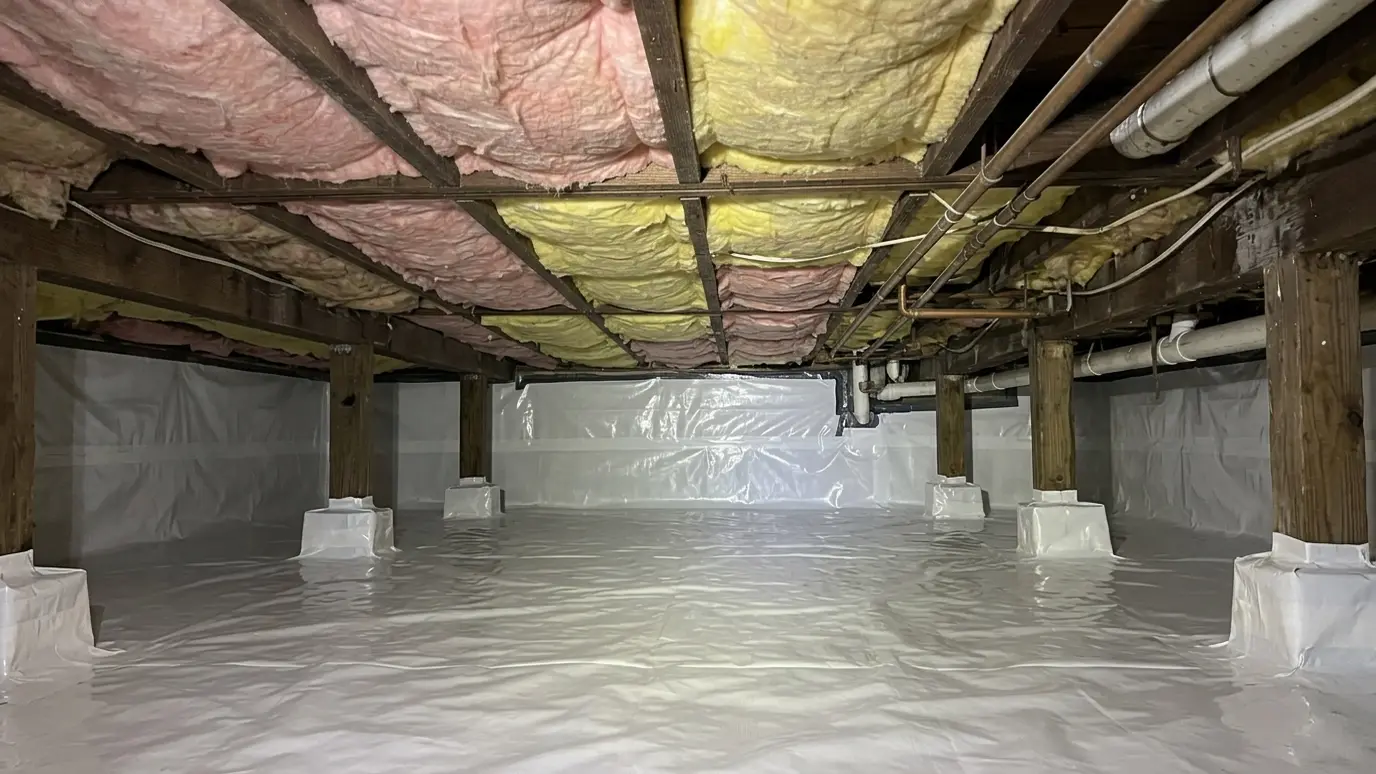After: Damp crawl space becomes clean and sealed | Music City Insulation After: a crawl space with a clean white vapor barrier on the floor and walls with tidy insulation