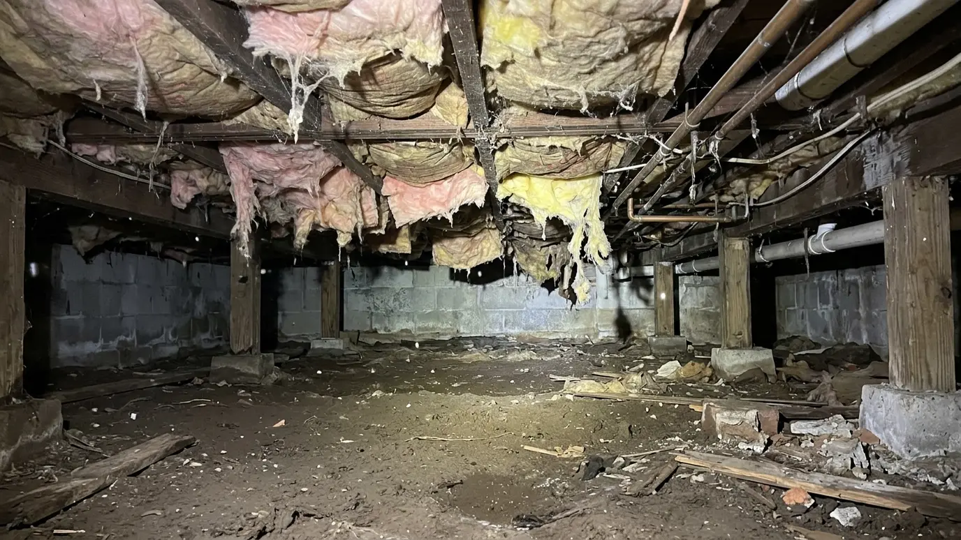 Before: a crawl space with bare dirt, loose insulation and damp conditions