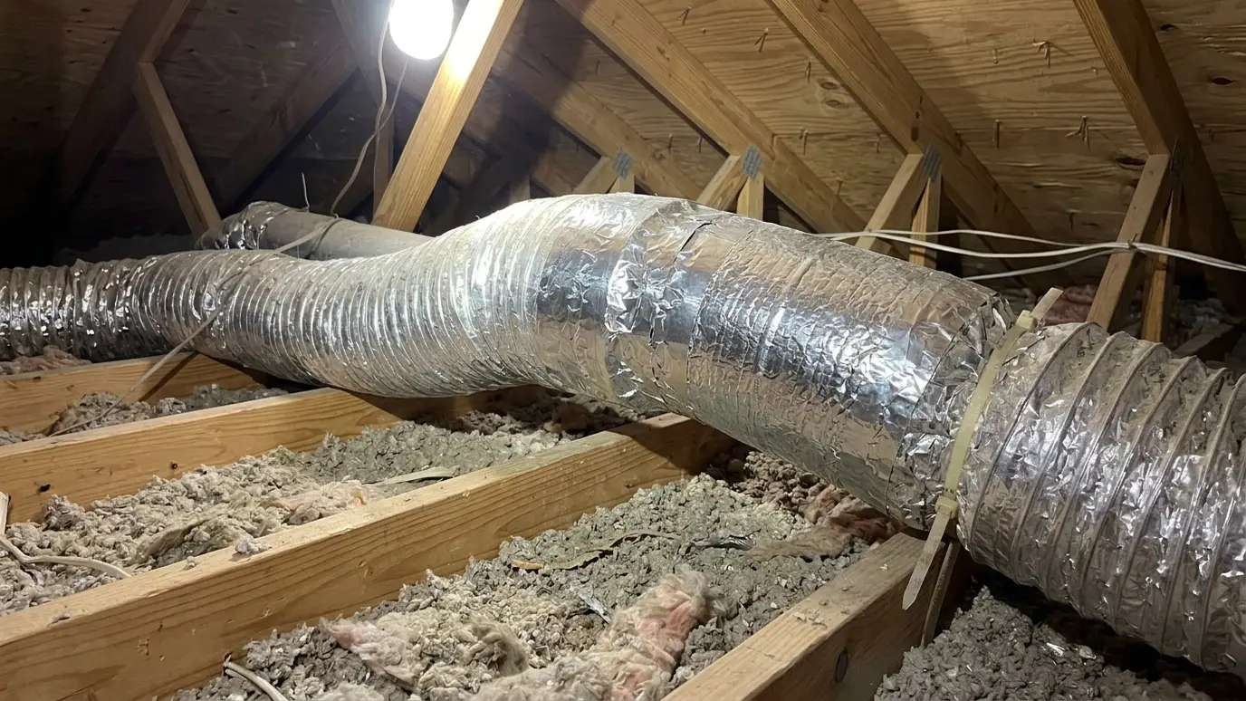 After: Bare attic ducts sealed and wrapped | Music City Insulation After: an attic with ducts wrapped in insulation with sealed joints