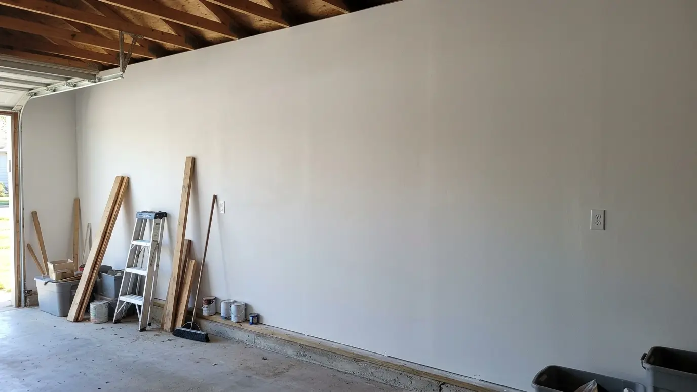 After: Bare garage wall insulated and finished | Music City Insulation After: a garage wall with insulation behind clean white drywall