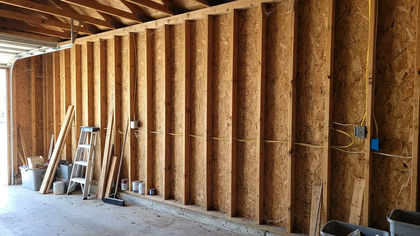 Before: a garage wall with exposed framing without insulation