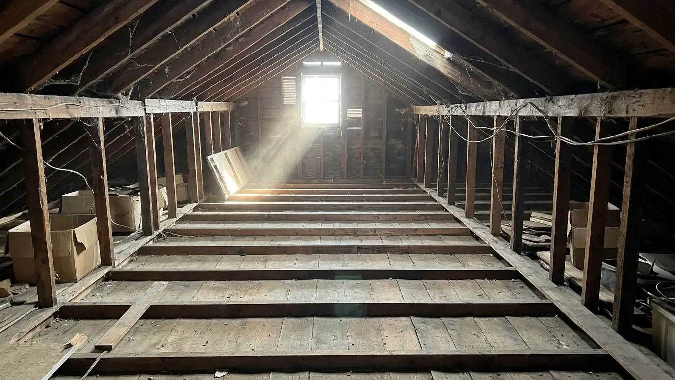 After: Stained attic insulation removed | Music City Insulation After: an attic with clean, bare joists after the old insulation was removed, ready for sealing and new insulation