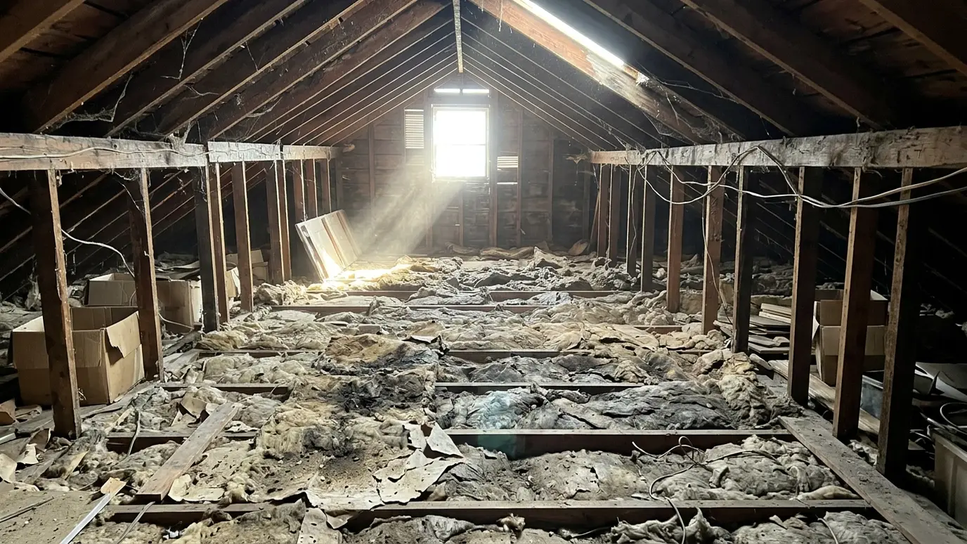 Before: an attic with dirty, matted and stained old insulation