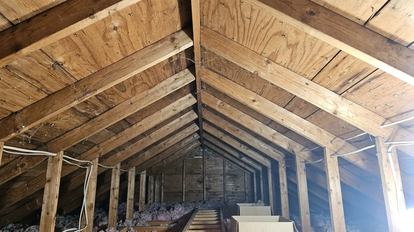 Before: an attic roof deck with bare rafters and roof sheathing