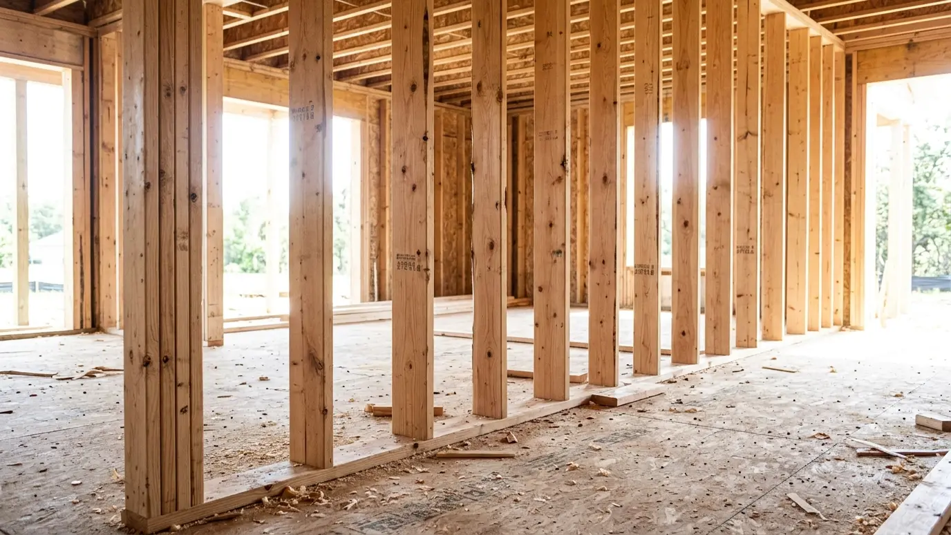 Before: a wall with open, empty stud cavities