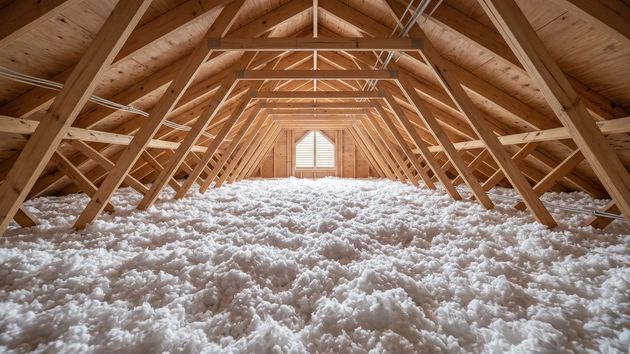 Attic insulation | Music City Insulation A clean attic with a deep, even blanket of fluffy white blown-in insulation covering the joists, roof rafters above and soft light from a gable vent