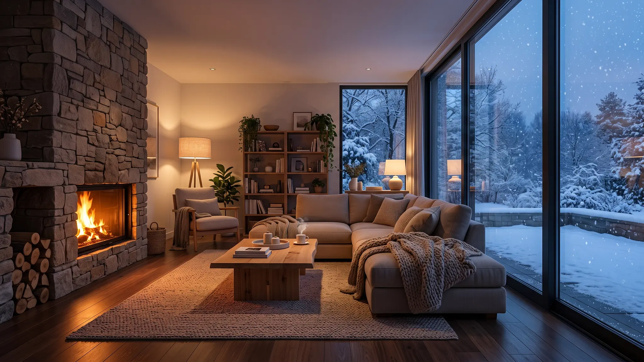 A warm, cozy living room on a snowy evening with a lit fireplace, soft lamps and snow falling outside a large window