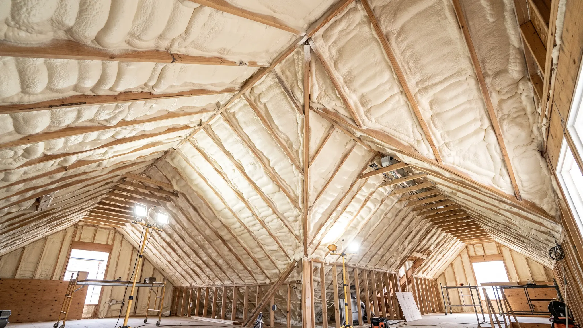 Spray foam | Music City Insulation The underside of a roof deck freshly coated in smooth creamy spray foam insulation between the rafters under bright work lights
