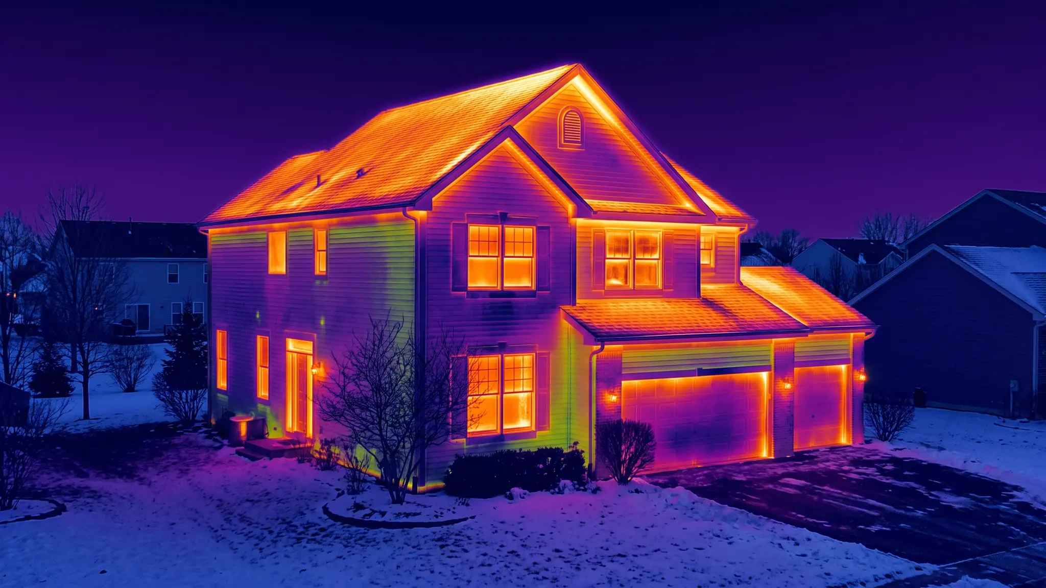 A thermal infrared image of a suburban house showing warm orange heat escaping from the roof and windows against cool purple and blue surroundings