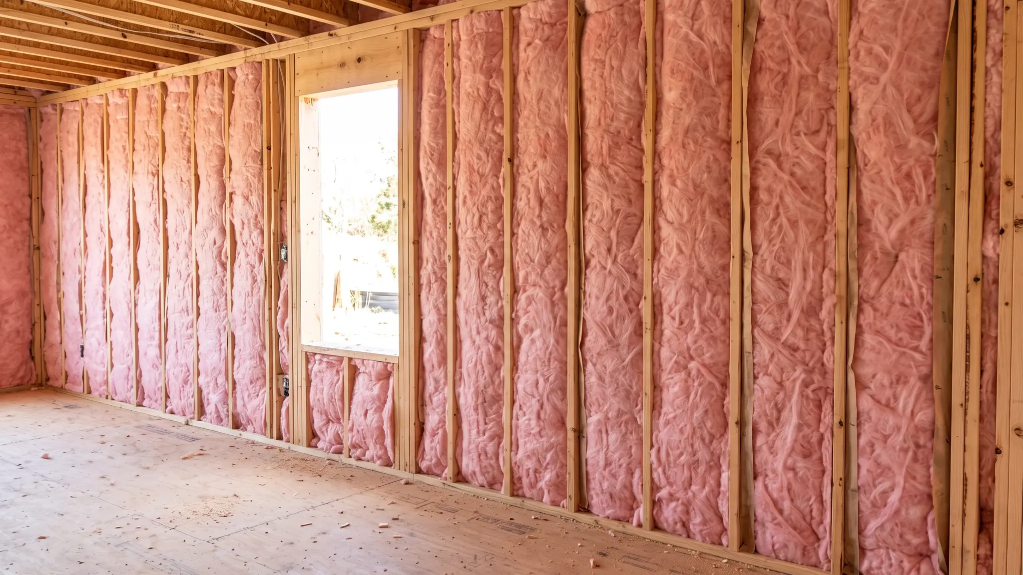 Walls and floors | Music City Insulation New wall framing with neatly fitted pink fiberglass batt insulation in every stud cavity and bright natural light through a window opening