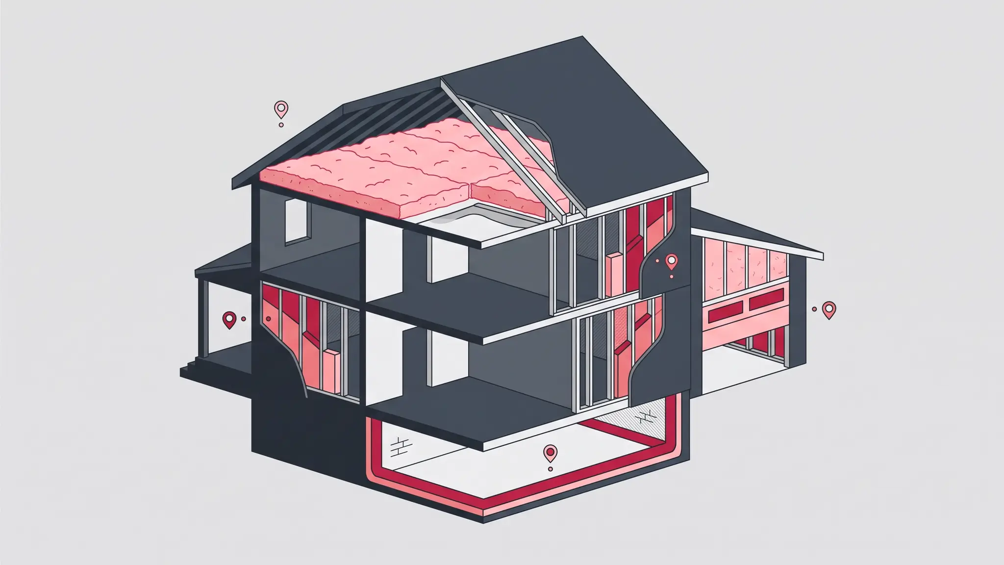 A cutaway illustration of a house showing attic insulation, insulated walls, a sealed crawl space and an insulated garage with small marker icons, in charcoal slate, crimson red and soft pink