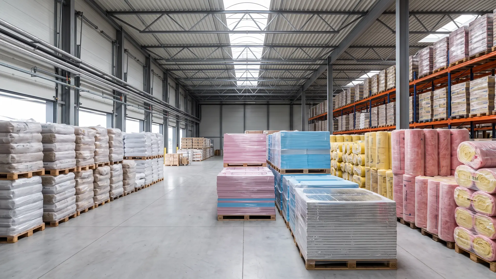 Insulation ideas and material guides | Music City Insulation A warehouse with neatly stacked bags of loose-fill insulation, rolls of fiberglass and pallets of foam boards in bright light
