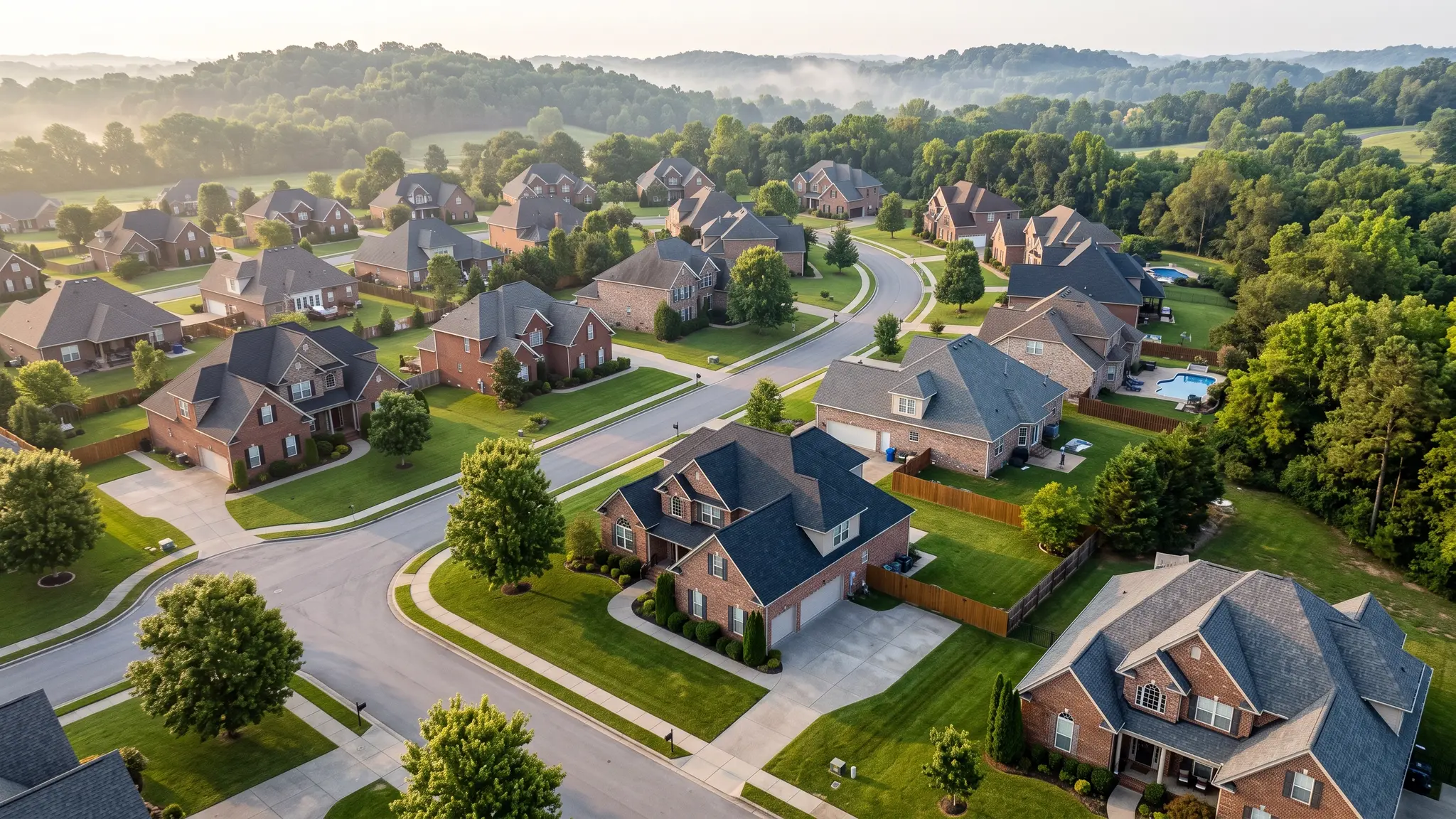 Insulation gallery | Music City Insulation An aerial view of a suburban Tennessee neighborhood with brick homes and new roofs in soft morning light