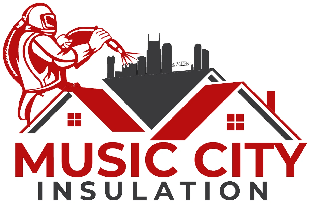 Music City Insulation logo: an insulation worker in protective gear spraying foam onto gabled house rooftops in front of a city skyline, in crimson red and dark charcoal, above the words Music City Insulation