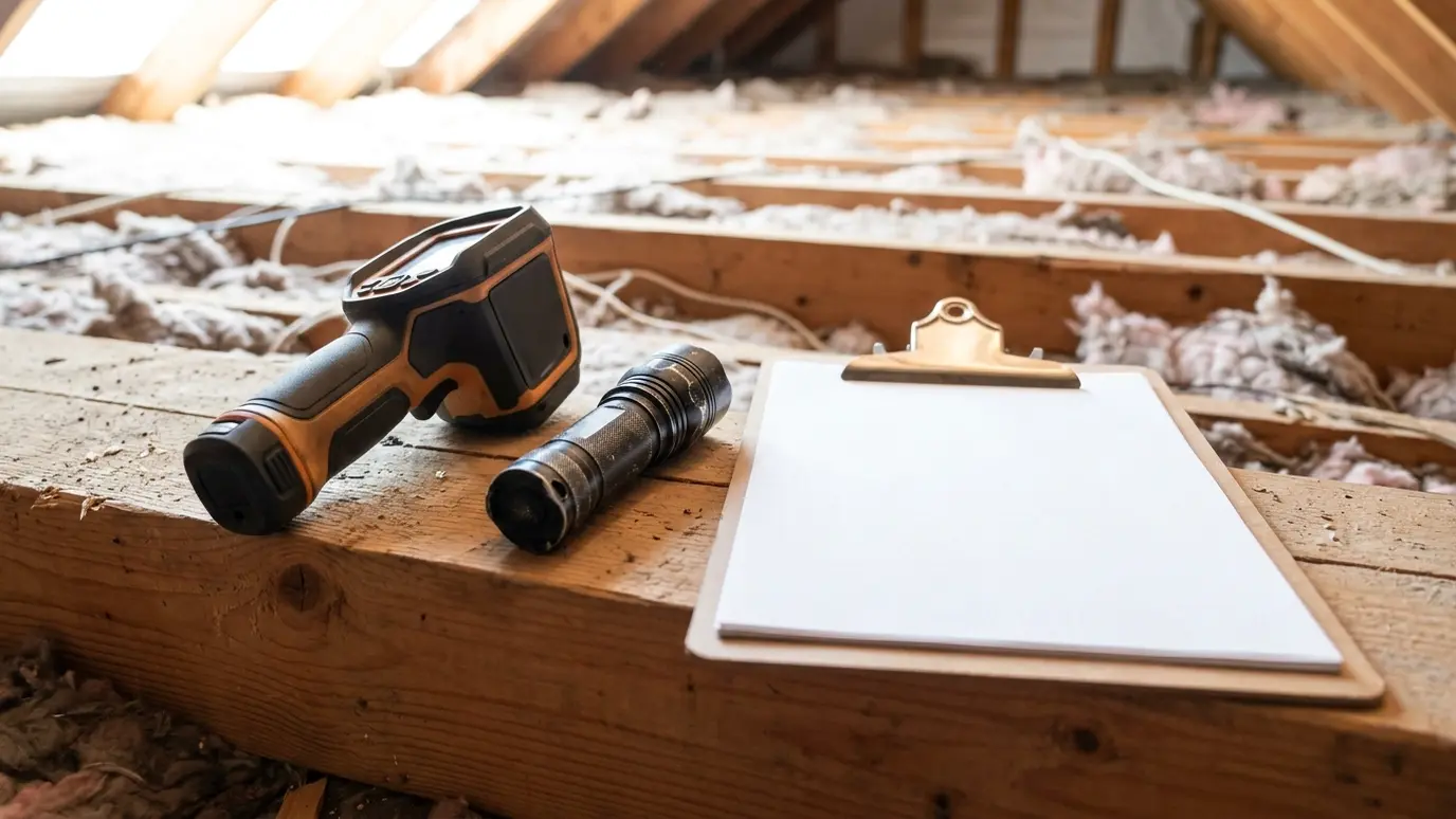 Inspect and assess A thermal imaging camera and a flashlight resting on an attic joist beside a blank clipboard in bright light
