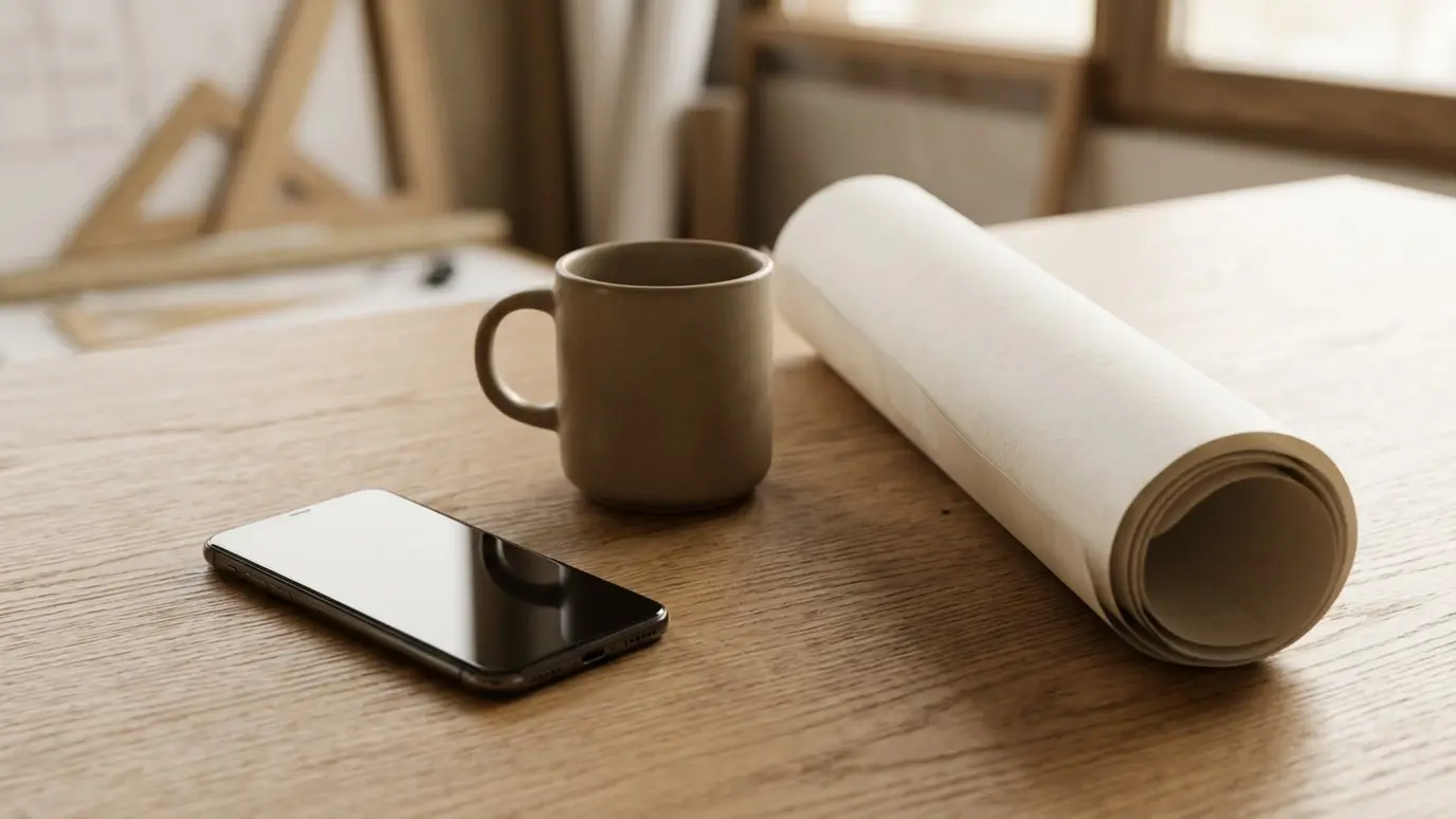 Call and schedule A smartphone with a blank dark screen on a table beside a coffee mug and a rolled blank plan in soft warm light