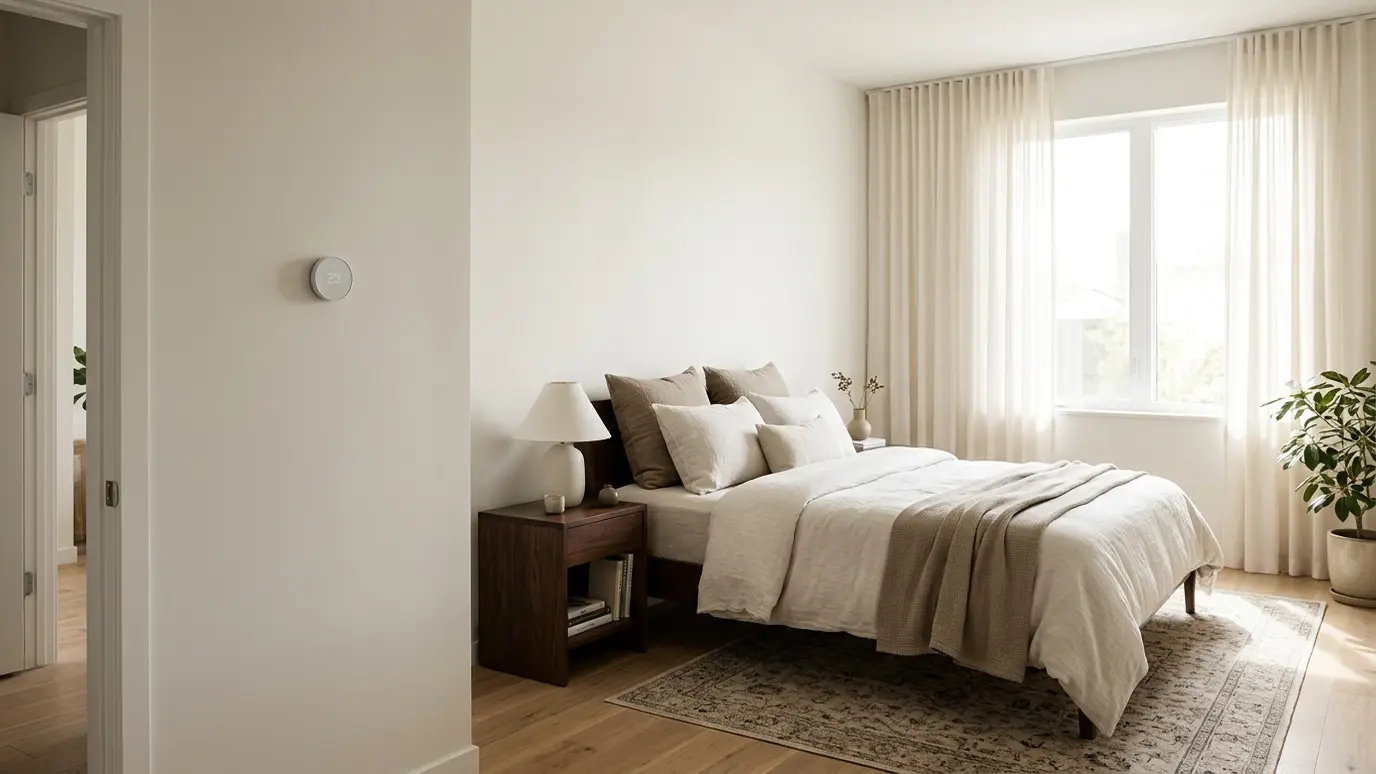 Walk through and enjoy A comfortable bedroom with soft morning light, a made bed and a thermostat on the wall