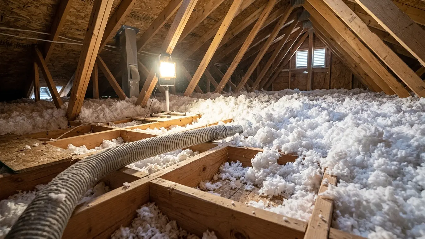 Install the insulation A blown insulation hose spreading fluffy white insulation across attic joists under bright work light