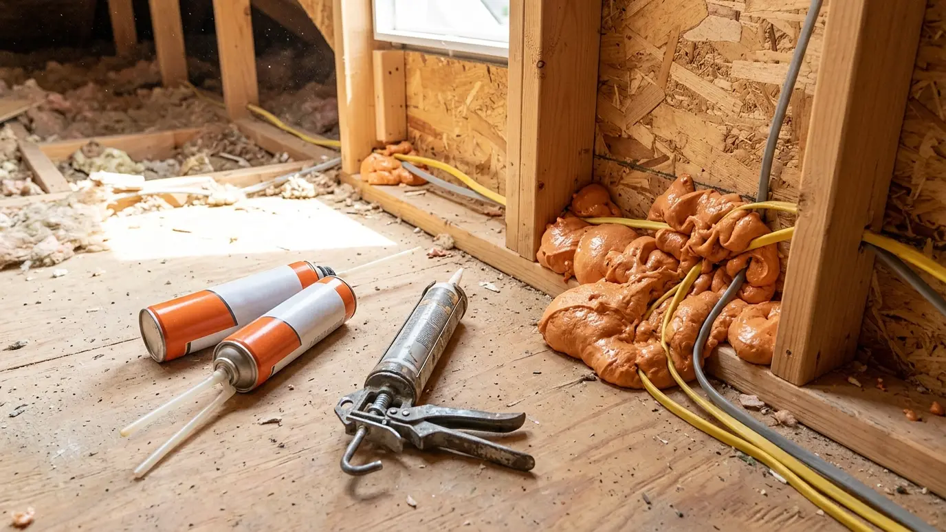 Seal and prepare Cans of spray foam sealant and a caulk gun on an attic floor beside sealed wire penetrations
