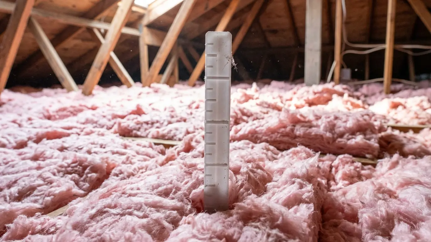 Verify and test A plastic depth marker stake standing in fluffy attic insulation in bright light