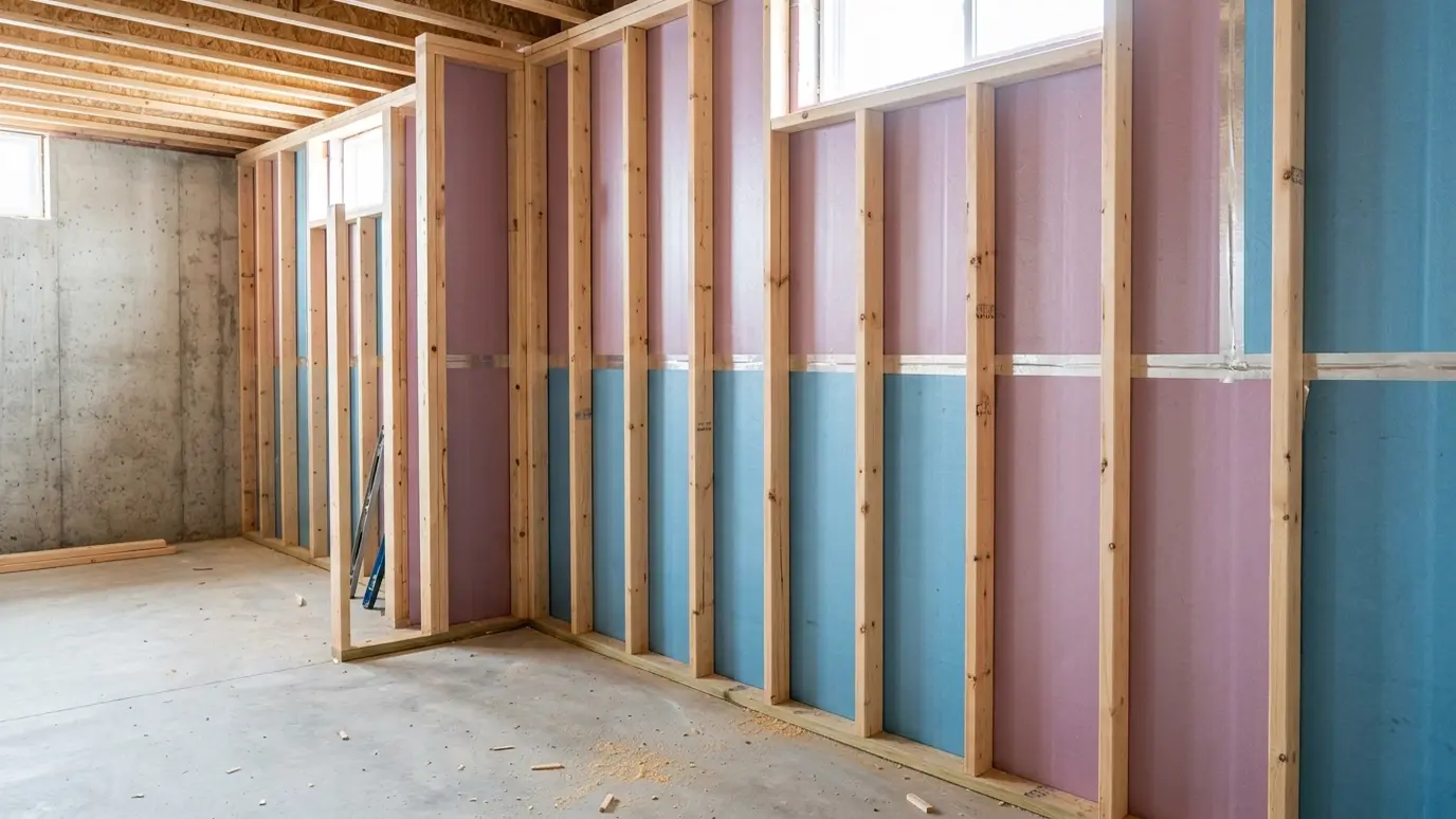 A basement wall with rigid foam and a framed finish A basement wall with rigid foam and a framed finish