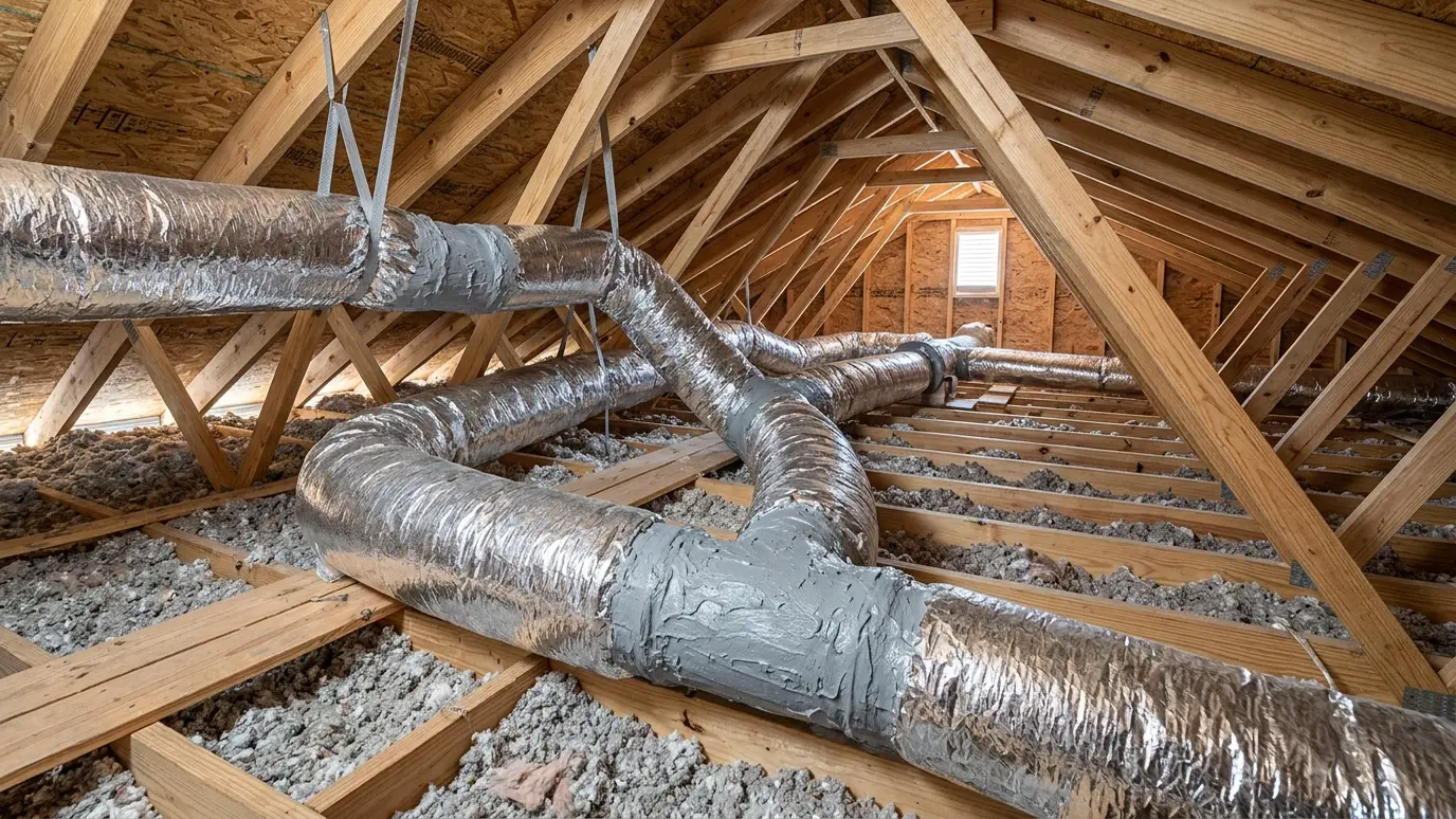 Attic ducts sealed with mastic and wrapped in insulation Attic ducts sealed with mastic and wrapped in insulation
