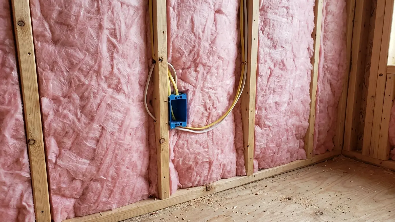 Fiberglass batts fitted into a stud wall Fiberglass batts fitted into a stud wall