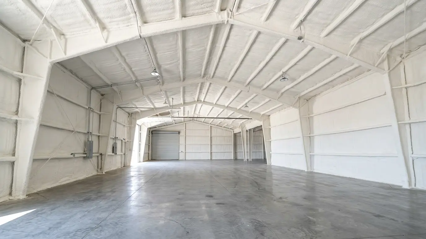 A metal building with spray foam on the roof and walls A metal building with spray foam on the roof and walls