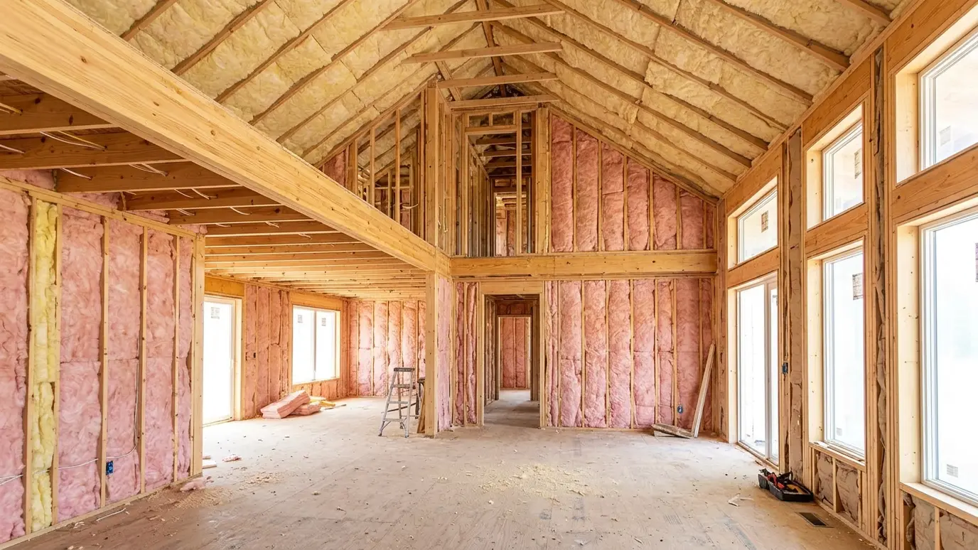 A new house frame with insulation installed in every wall cavity and between the rafters before drywall, in bright daylight